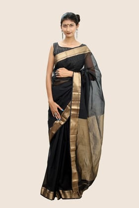 Attractive Maheshwari handloom Tissue Saree with Tassels โ Royal Black Attractive Maheshwari handloom Tissue Saree with Tassels โ Royal Black