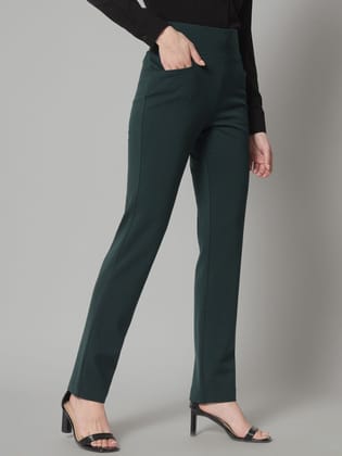 Wide Belt Mid Waist Stretch Pants- Bottle Green-S