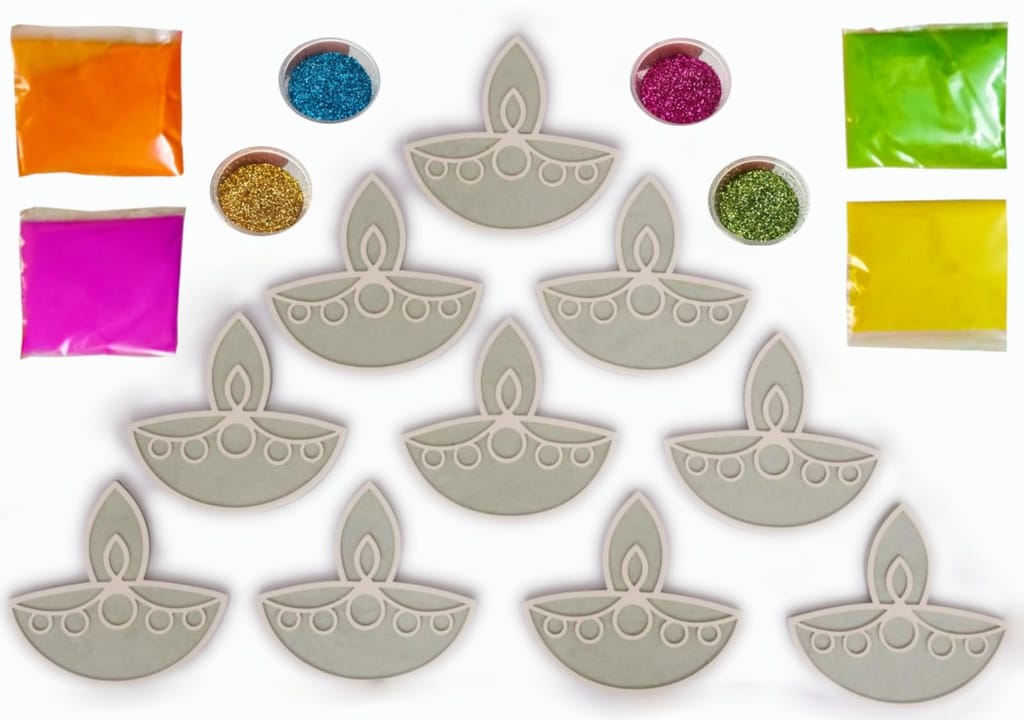 The Brown Box-Island Rangoli- Diya Design Template(Set of 10), Rangoli Making kit with Colors and Glitter, Reusable, Portable, Floating, Readymade, Easy Rangoli Stencils, Diwali Decor. - Party and Festive Needs | Buy online on ZillyBuy