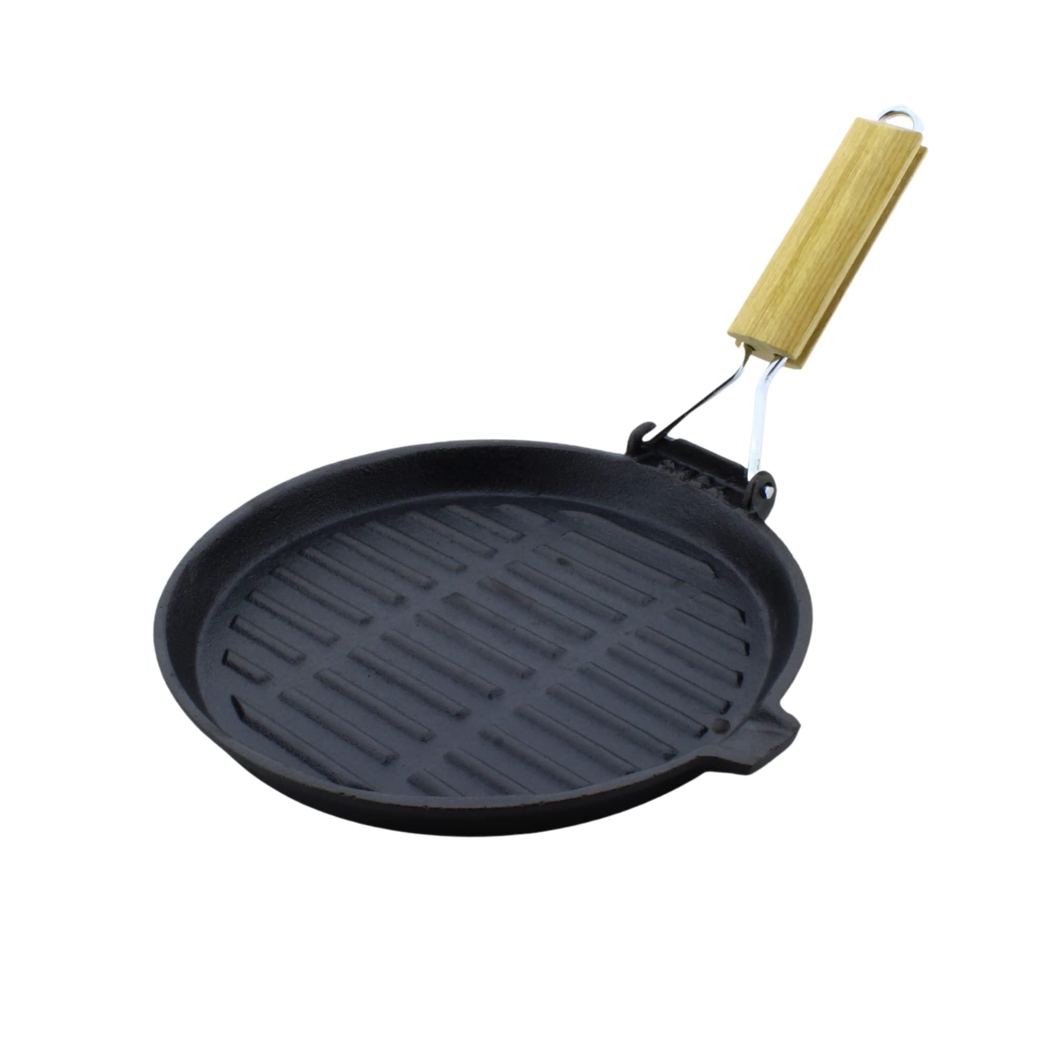 TRILONIUM Cast Iron round Grill Pan with Foldable Handle | Pre-Seasoned | 24cm | 1.63 Kgs | Induction Compatible