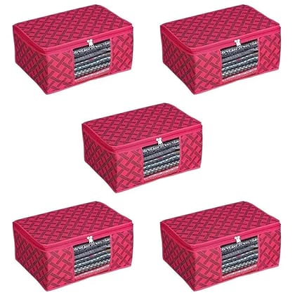 Bindian Multipurpose Saree Cover for Wardrobe Storage | Premium Non-Woven Fabric Cloth Organizer Box with Transparent Window & Zipper | Ideal for Storing Sarees & More (Red Lining, Pack of 5)
