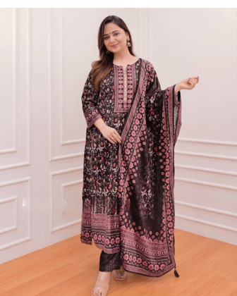 Black Printed Muslin Fabric Women Kurta Set-M