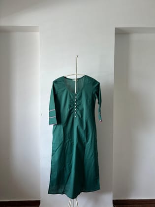 Green Cotton Kurti with Pink Detailing-S