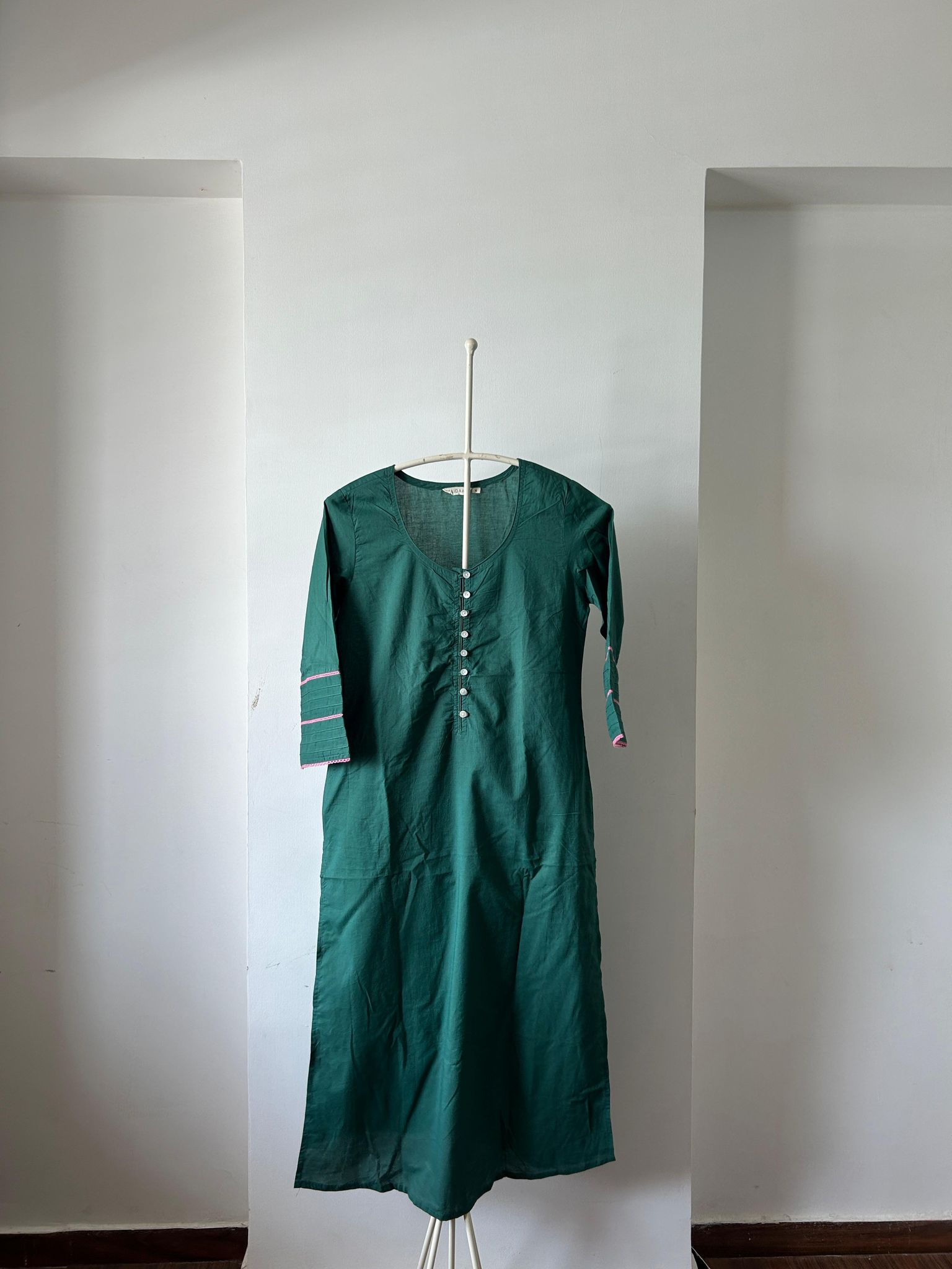 Green Cotton Kurti with Pink Detailing-S