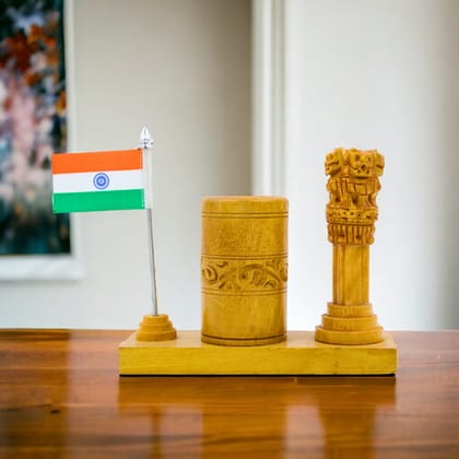 Wooden Pen Stand with National flag & Ashoka Stambh
