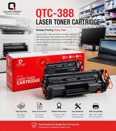 QUANTRON - QTC-388 Compatible Laser Toner Cartridge for HP 88A CC388A | Black Printer Cartridge | Up to 2,000 Pages | Compatible with HP LaserJet P1007, P1008, P1106, P1108, M1136, M1213nf, M126nw, M128fn, M202 & M226 Series