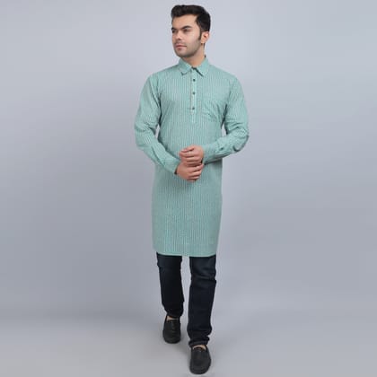 Green cotton full-sleeves shirt collar kurta in comfort fit-XS