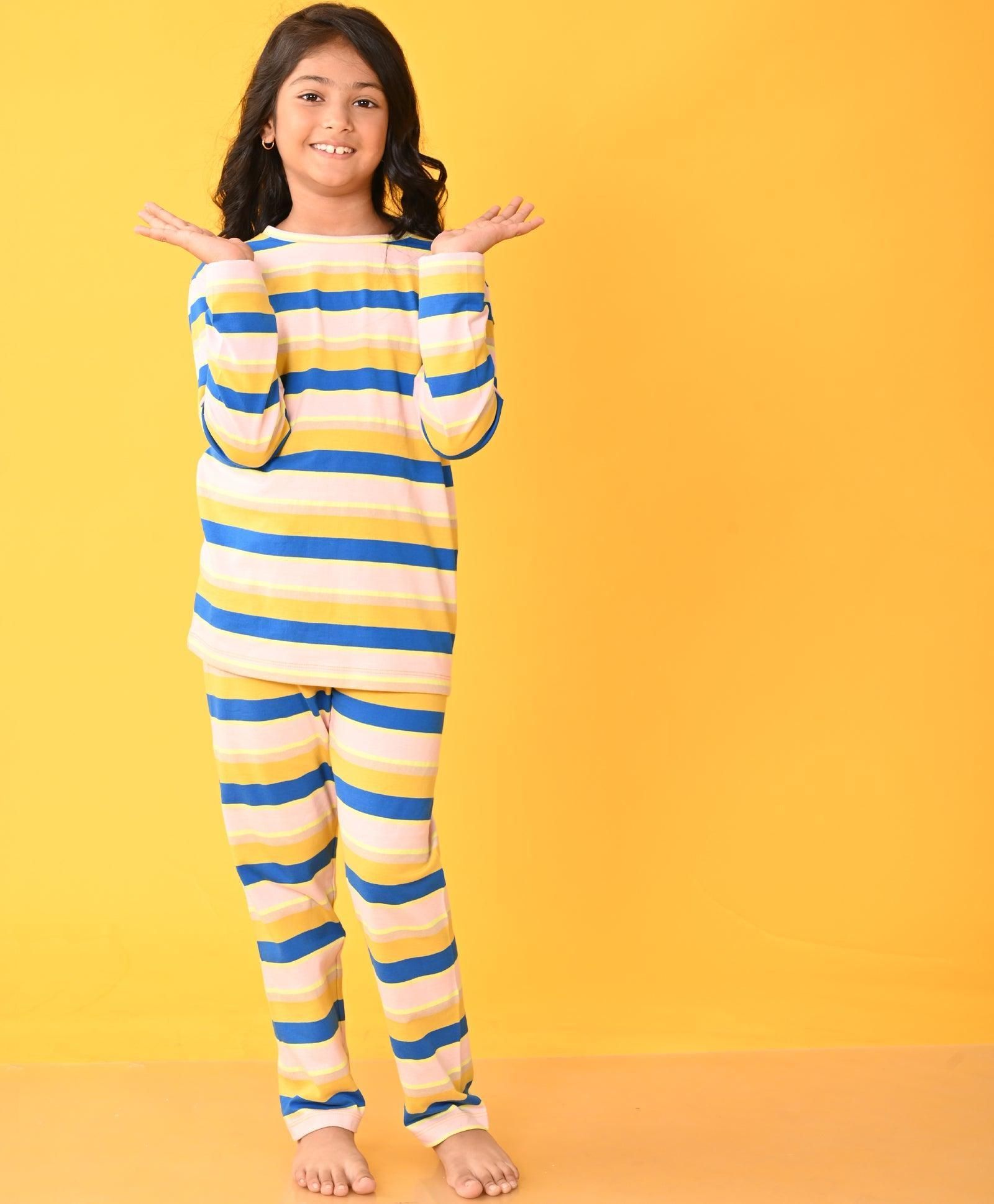 PINK ROYAL YELLOW STRIPED LONG SLEEVES GIRLS PYJAMA SET-0-6 MONTHS / 2N / MULTI