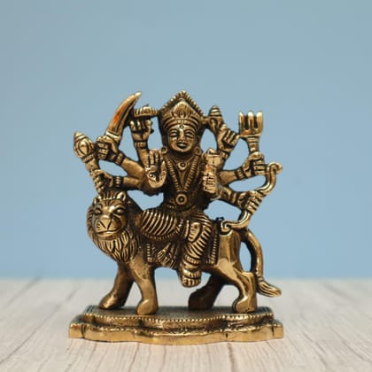 Gorgeous Brass Durga Parmeshwari Ma Idol Sherawali Mata Brass Idol for Pooja, Decor and Gifting - 3.8 inch Height