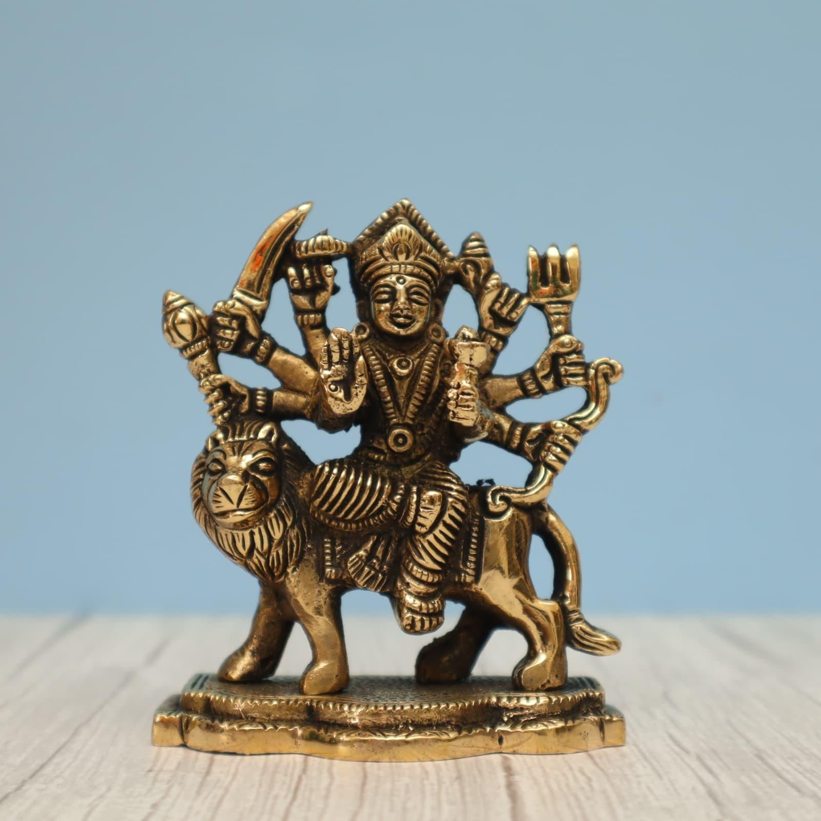Gorgeous Brass Durga Parmeshwari Ma Idol Sherawali Mata Brass Idol for Pooja, Decor and Gifting - 3.8 inch Height