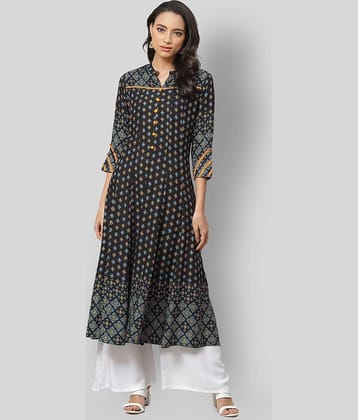 Yash Gallery Pack of 1 Rayon Printed Flared Women's Kurti - ( Black )