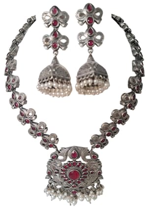 ANVAYACOLLECTIONS Traditional Oxidized Necklace Earring Set with Red Stones & Pearl Drops � Traditional Jewelry