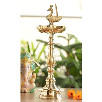 Indian Art Villa Brass Stand Pillar Diya, Peacock Design, Pooja, Home Decor & Diwali Gift Item-30cm / 1