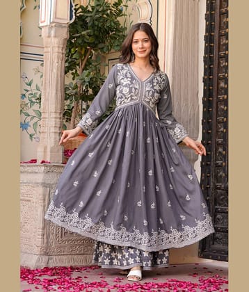 Estela Rayon Embroidered Kurti With Palazzo Women's Stitched Salwar Suit - Grey ( Pack of 1 )