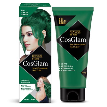 COSGLAM Semi Permanent Hair Color, No Peroxide, Non Oxidative, Ammonia Free Hair Colour 41 Crazy Green - 120gm