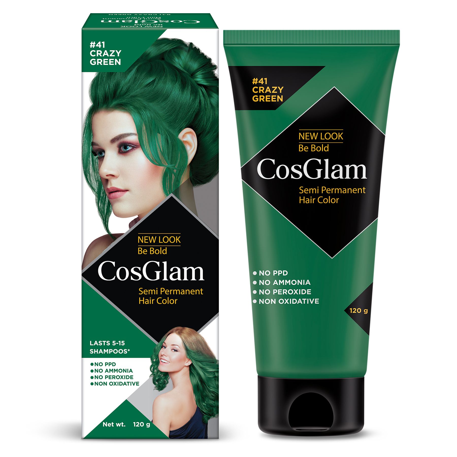 COSGLAM Semi Permanent Hair Color, No Peroxide, Non Oxidative, Ammonia Free Hair Colour 41 Crazy Green - 120gm
