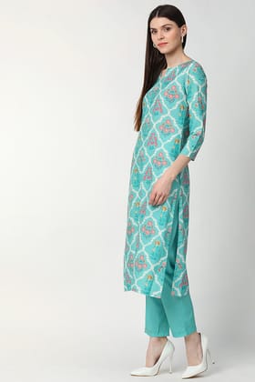 Turquoise Blue Poly Crepe Ethnic Motifs Straight Suit Set PKSKD1002