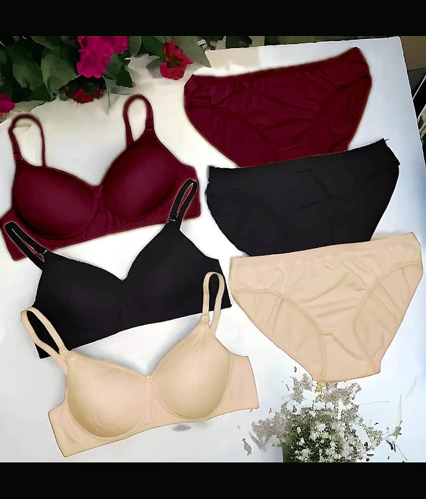 EASTERN CLUB Pack of 3 Cotton Blend Bra & Panty Set For Women ( Black,Pink,Tan )