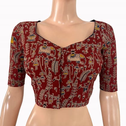 Kalamkari Cotton Sweetheart Neck Blouse ,Red, BK1321.-S