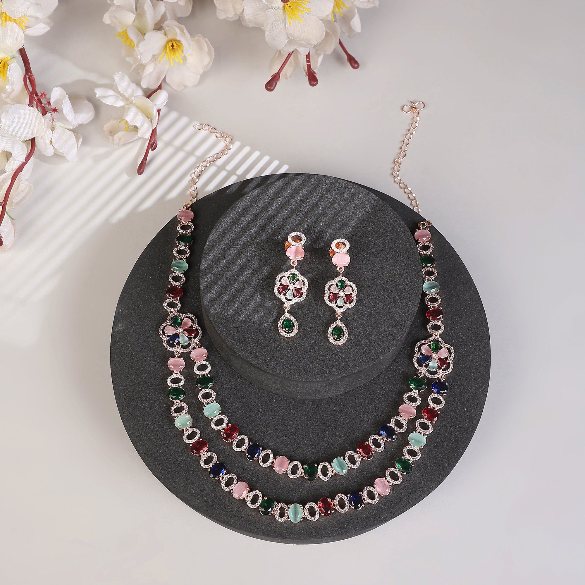 Elegant 2 Layer Oval Necklace Set-Navratan / Rose Gold / Free Size