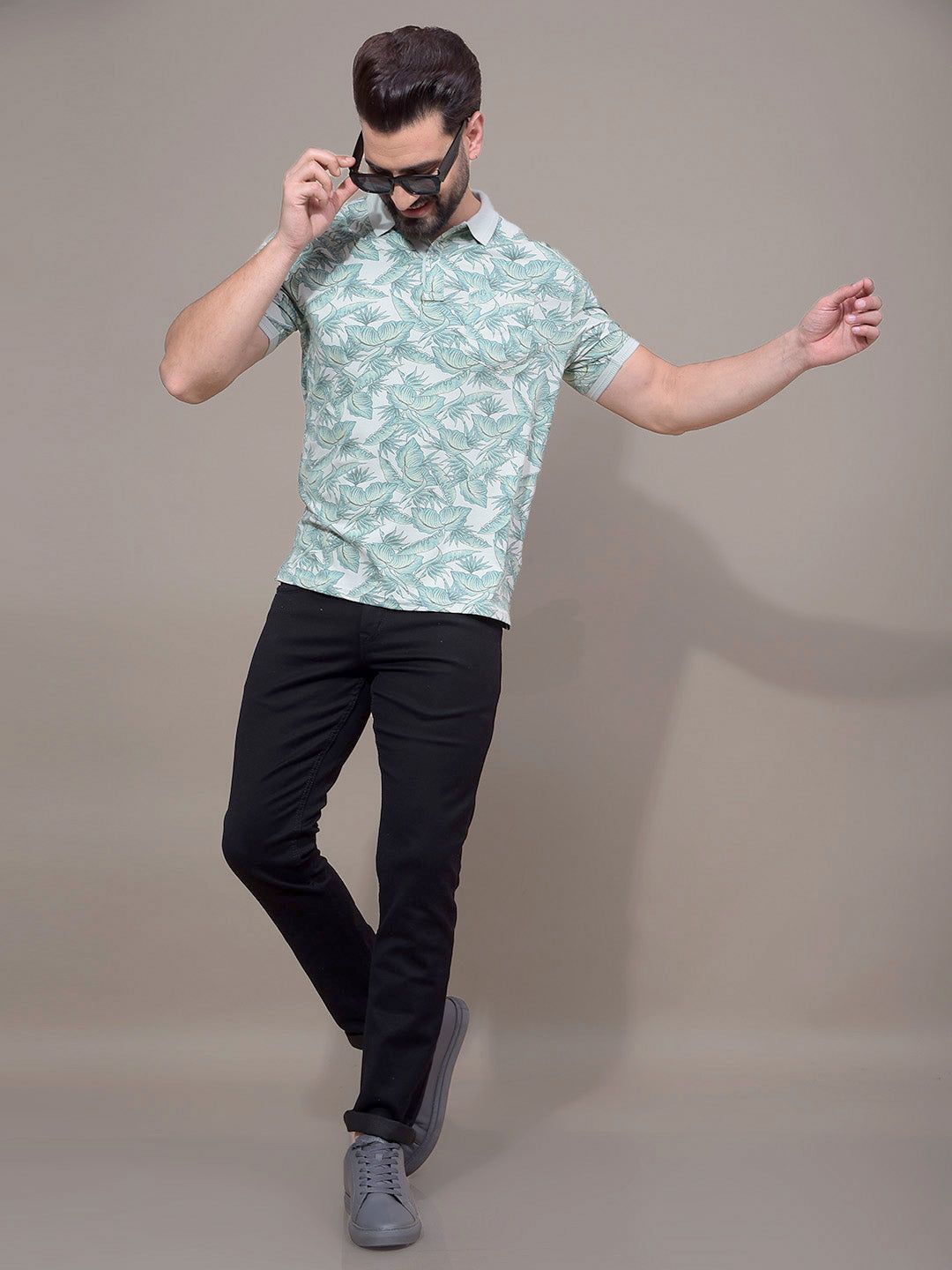Green Floral Print Polo Neck T-Shirt-S / Green
