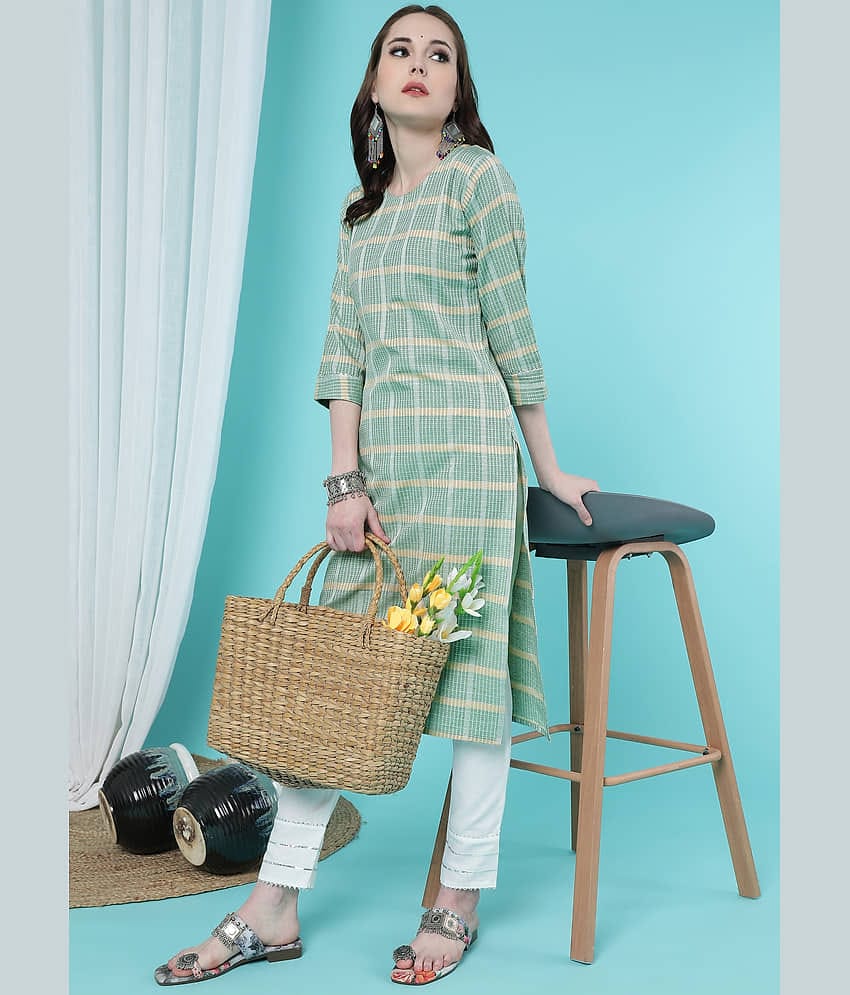 TRAHIMAM Cotton Checks Kurti With Pants Women's Stitched Salwar Suit - Blue ( Pack of 1 )