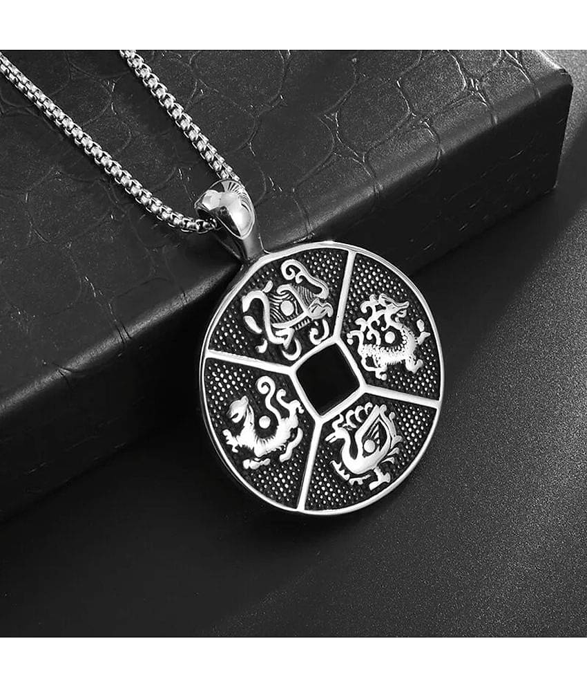 Thrillz Silver Chain For Men Retro Four Divine Beasts Stainless Steel Pendant Necklace For Men Boys Love Gifts
