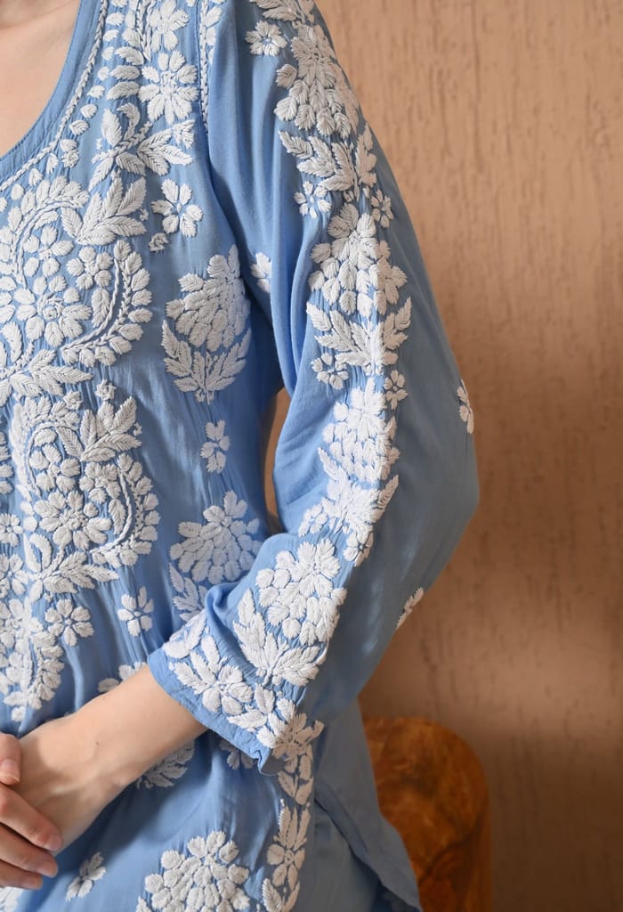 Hand Embroidered Chikankari Modal Plazo Set with 3D Work – Ethnic Wear Powder Blue