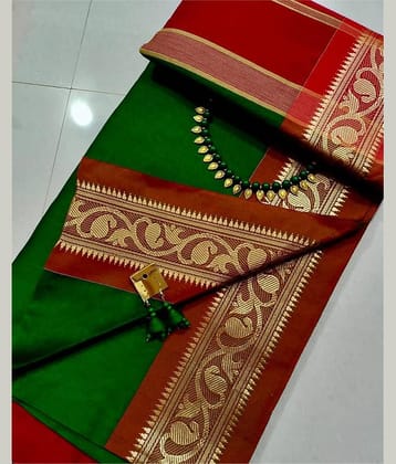 SARADA HANDLOOM Cotton Self Design Saree With Unstitched Blouse Piece ( Green )