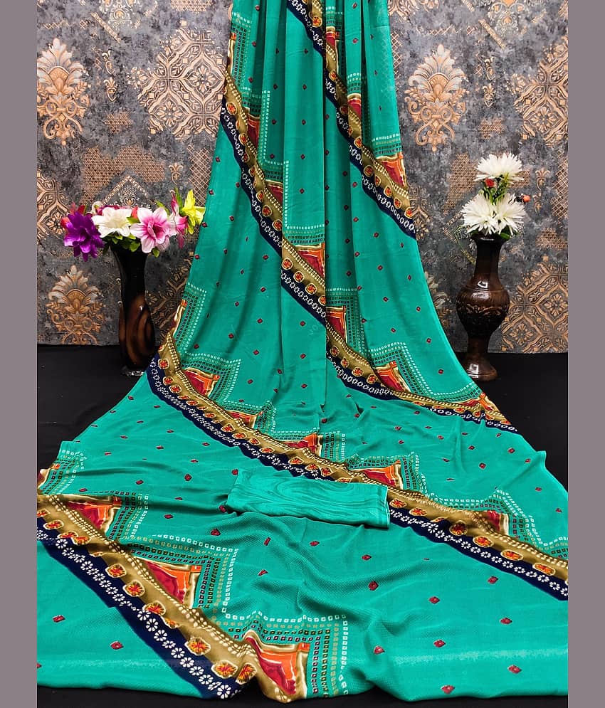 Kanooda Prints Georgette Printed Saree With Unstitched Blouse Piece ( Teal )