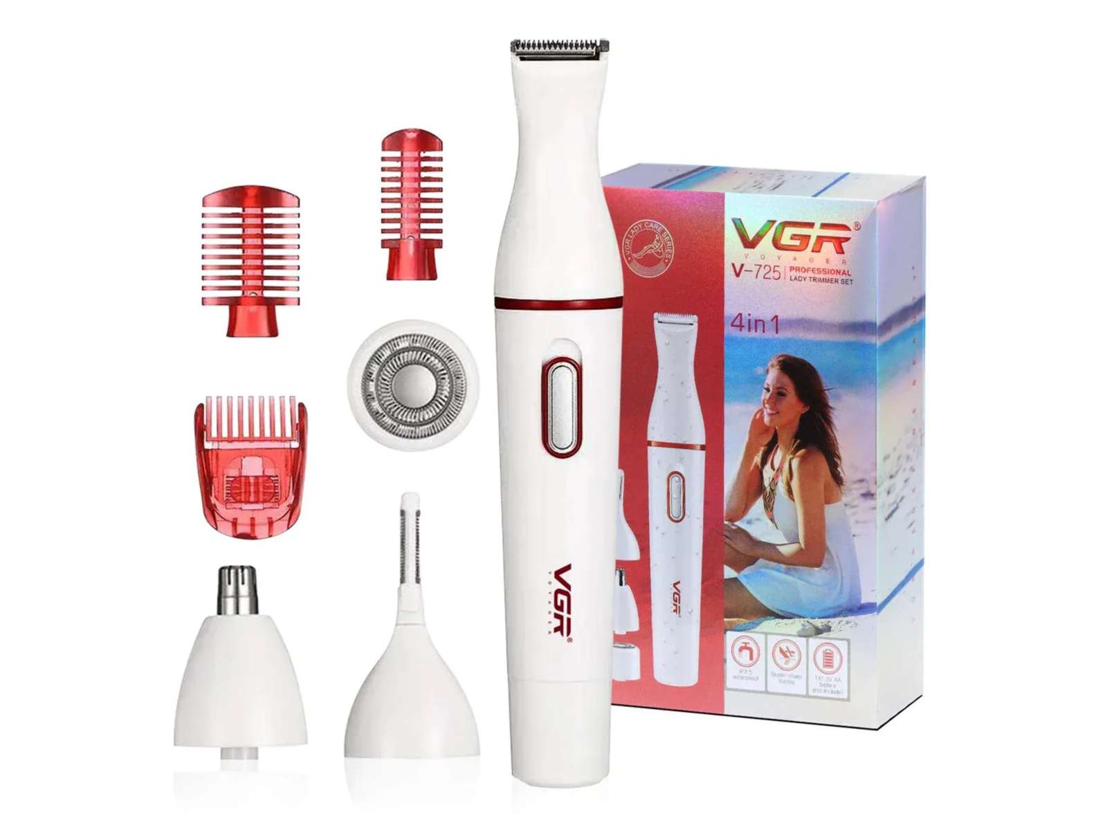 VGR V-725 Professional Lady Trimmer & Shaver Set 4 in 1 Face & Body | IPX5 Fully Waterproof Trimmer 180 min Runtime 2 Length Settings (White)