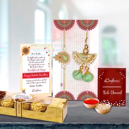 Designer Handcrafted Premium Bhaiya Bhabhi Rakhi with Ferrero Rocher (4 pcs) and Roli Chawal Pack, Best Wishes Greeting Card
