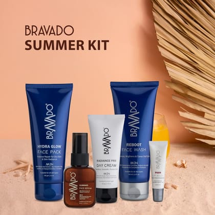 Bravado Personal Grooming 5 In 1 Summer Combo Kit - Pack of - Reboot Facewash, Radiance Pro Day Cream, Illuminate Face Serum, Hydra Glow Face Pack, Lip Balm Paan -289g (Set of 5 Products)