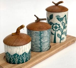 Handicraft Exim Decorative Wooden Storage Jar Set (Pack of 3) | Hand-Painted Floral Design | Kitchen Countertop Organization