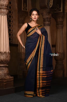 Parampara ~ Cotton Blend Saree in Regal Dark Blue with Exclusive Zari Border & Pallu