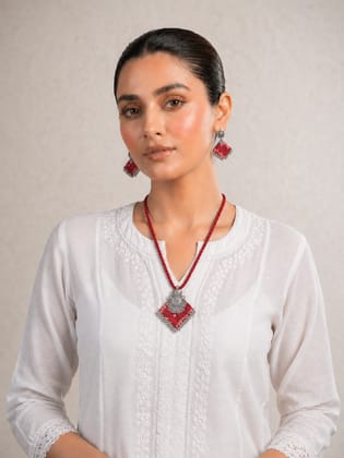 Red Silver Fabric Jhumka Jewellery Set Red Silver Fabric Jhumka Jewellery Set