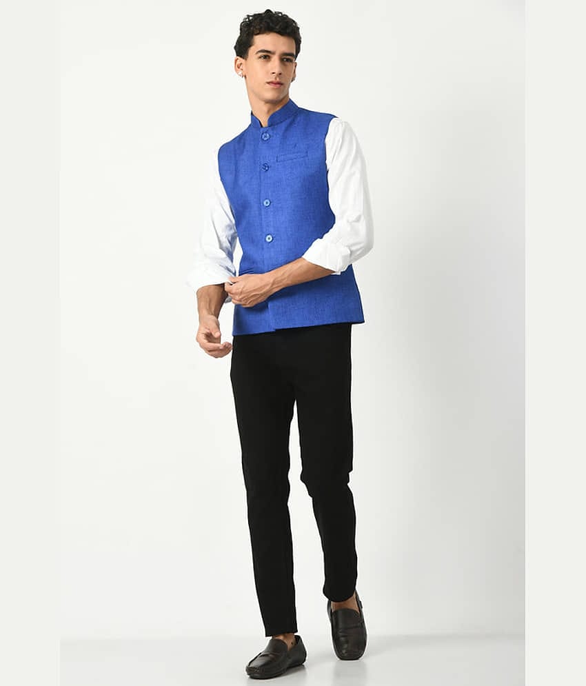 IndiWeaves Blue Cotton Blend Men's Nehru Jacket ( Pack of 1 )