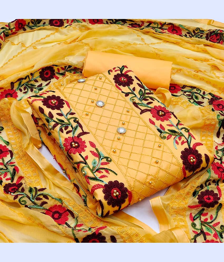 Gazal Fashions Yellow Cotton Unstitched Dress Material