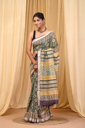 HAND BLOCK PRINTED COTTON LINEN SAREE WITH BLOUSE