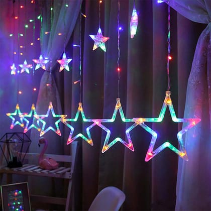 Plastic Multi Color Star Curtain Led Light For Diwali Christmas Wedding - 2.5 Meter (1 Curtain, 138 Led, 6+6 Star), Diwali Star Light Curtain, Diwali Led Lights, Best Gift For Diwali