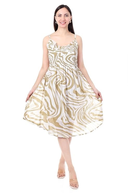 MR ANDERSONS Gold and White Sleeveless Zebra Print Summer Dress with Spaghetti Straps