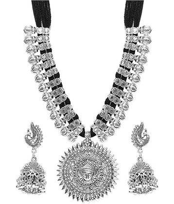 YouBella Fashion Jewellery Antique German Silver Oxidised Plated Tribal Cotton Thread Jewellery Necklace Earring Set for Women & Girls.(Valentine Gift Special). (Black)