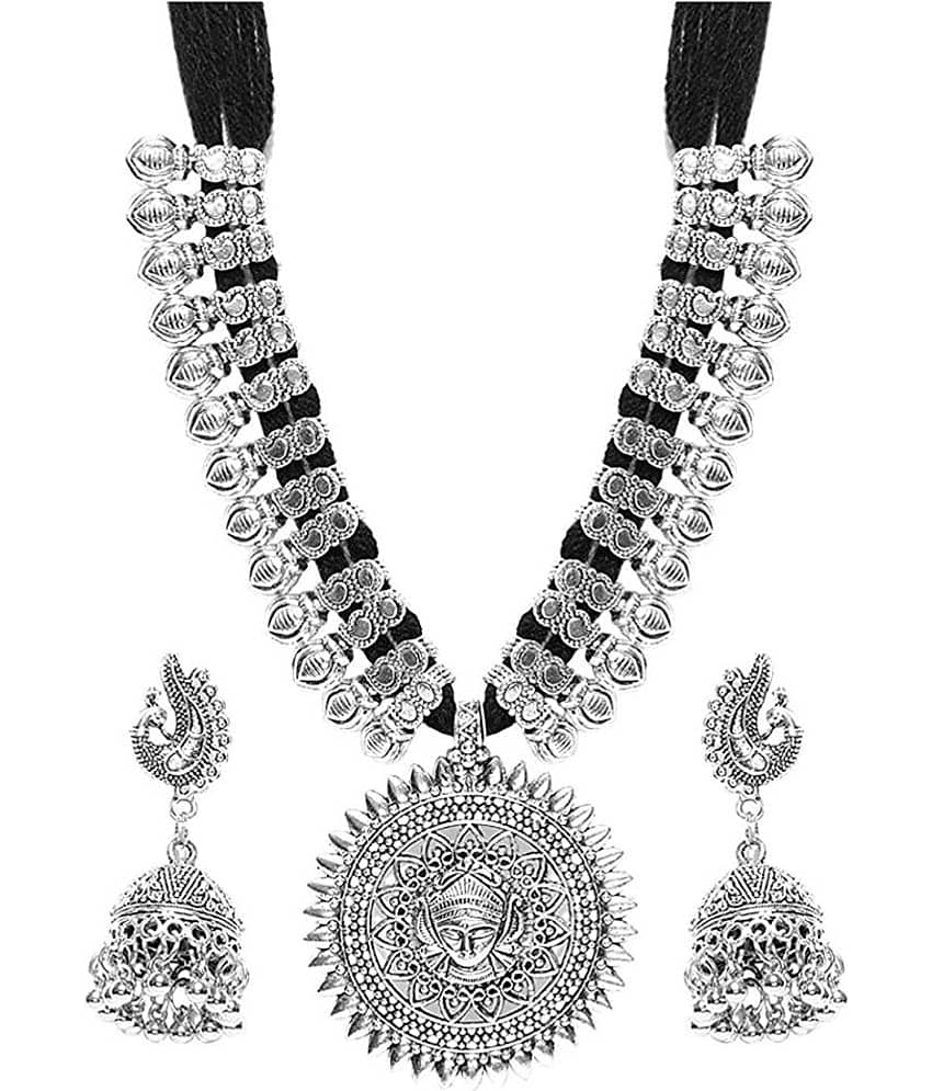 YouBella Fashion Jewellery Antique German Silver Oxidised Plated Tribal Cotton Thread Jewellery Necklace Earring Set for Women & Girls.(Valentine Gift Special). (Black)