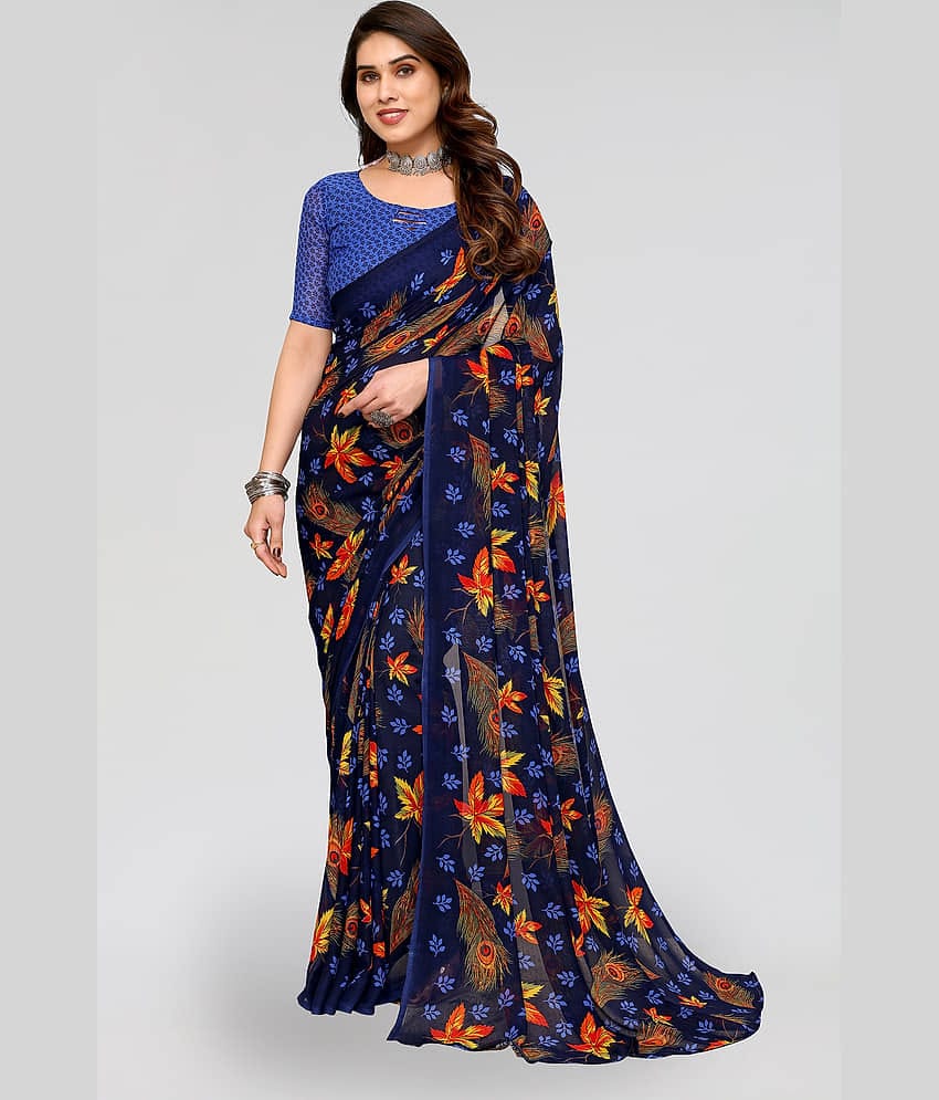 ANAND SAREES Georgette Printed Saree With Unstitched Blouse Piece ( Navy Blue )