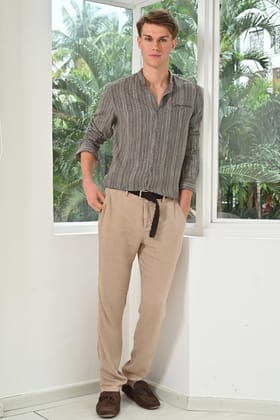 Glenn - Cotton Striped Shirt with Mao Collar - Brown-M-40 / BROWN