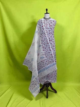 Kota Doria Cotton Dress Material with Hand Embroidery, Powder Blue