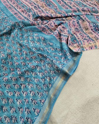Elegant Maheshwari Pure Silk Blue Blockprint Saree