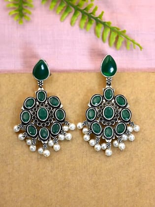 Oxidised Pearl Drop Dangler Earrings – Elegant Party Wear Statement | Sarichka-Green