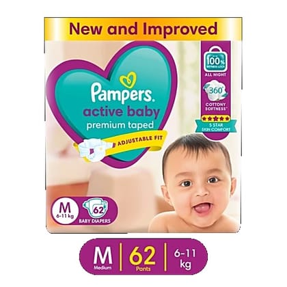 Pampers Active Baby Taped Diapers - Medium, 62 pcs