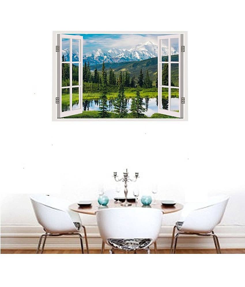 Asmi Collection Beautiful Mountain Landscape Window Illusion Nature Sticker ( 60 x 90 cms )